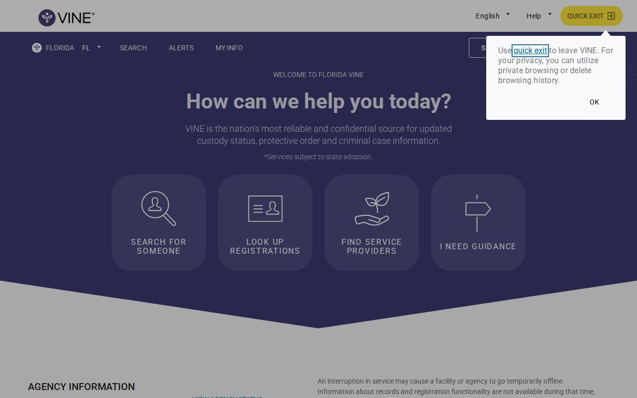 VINELink search and release alert interface for Collier County records
