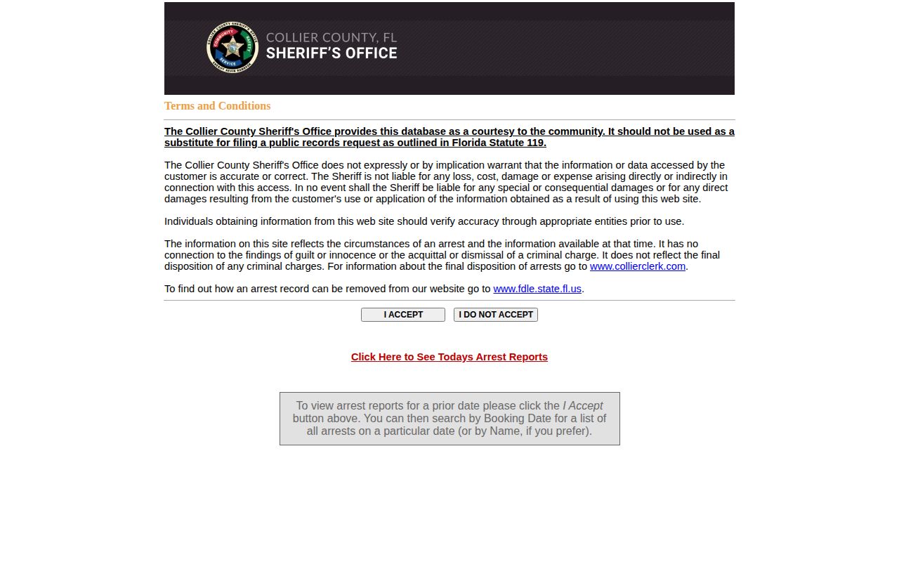 CCSO arrest search used to identify a Collier County release record