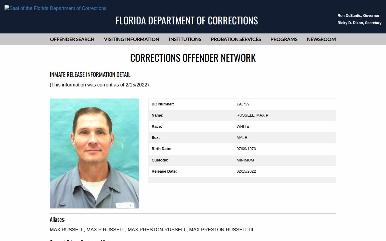 Florida corrections released-offender record with photo and release history