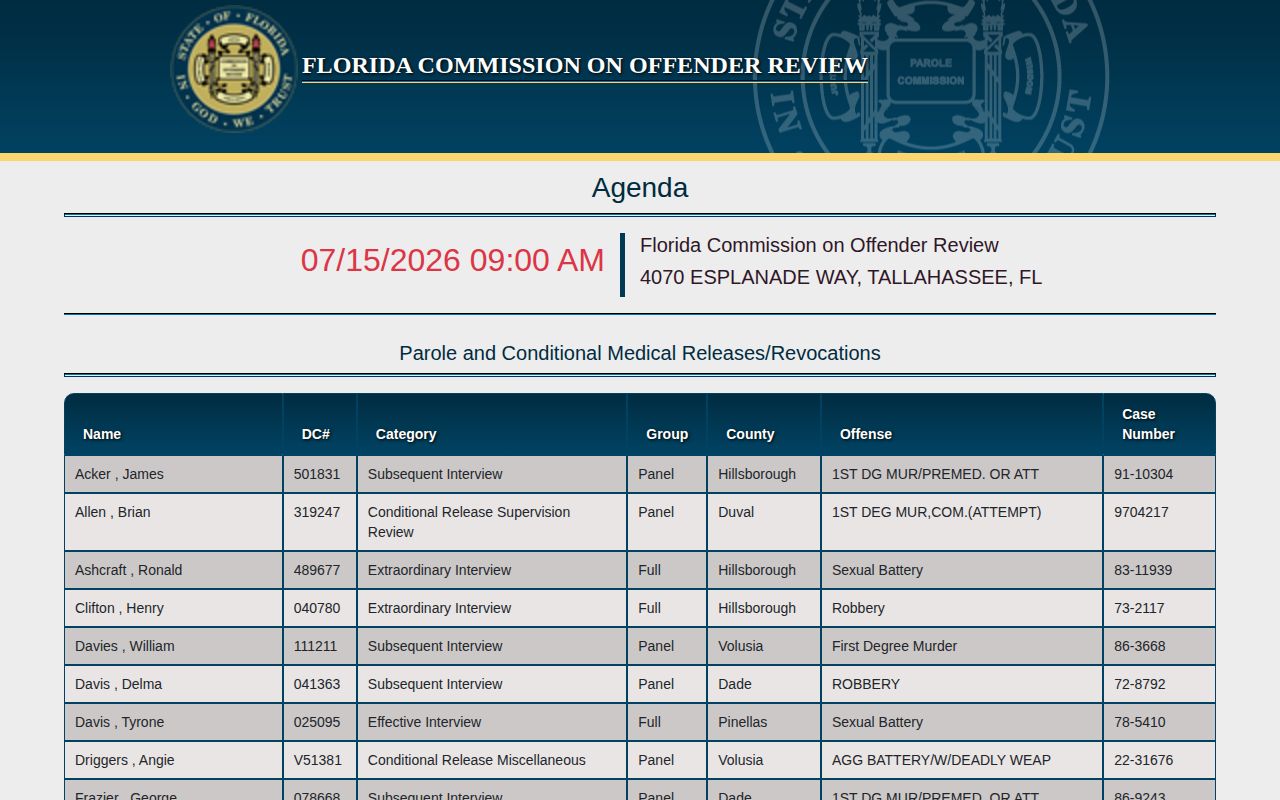 Florida Commission on Offender Review agenda showing a scheduled matter