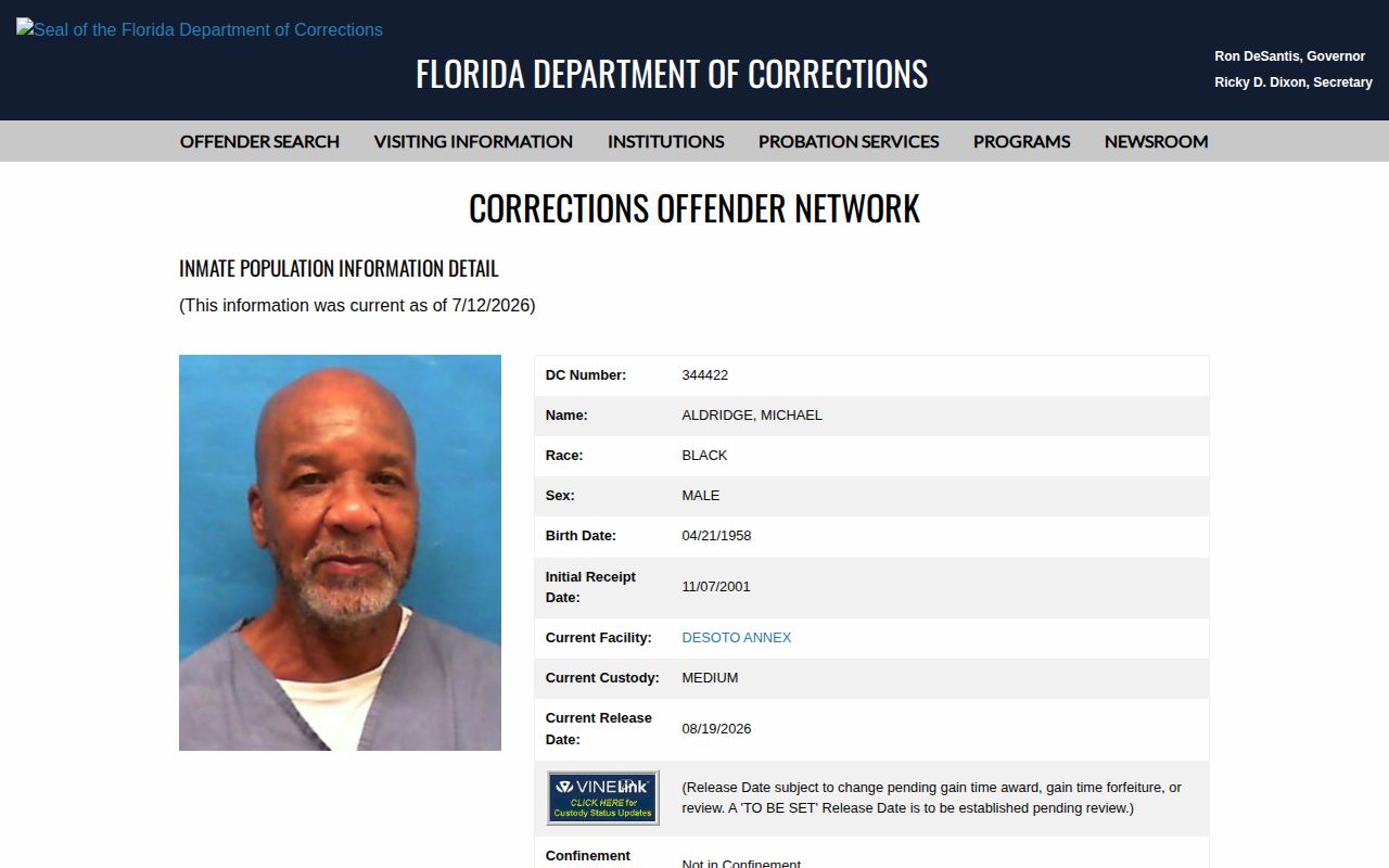 Florida corrections record showing the Current Release Date field and change warning