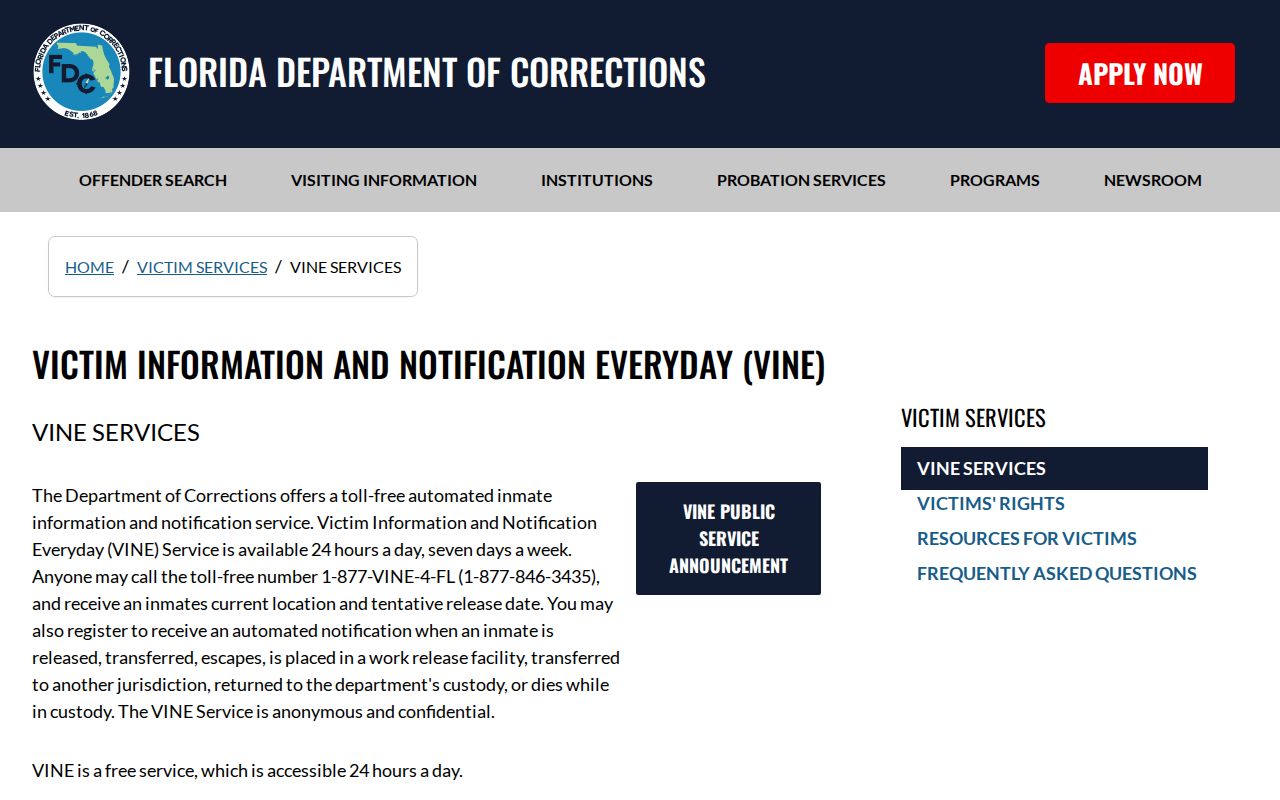 Florida state-prison VINE release events and notification procedure serving Collier County cases
