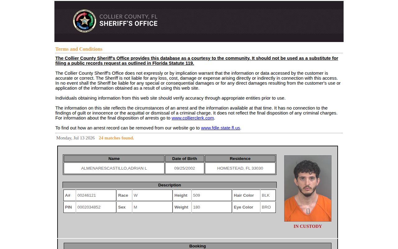 Collier County daily arrest report, which is not a 24-hour release list